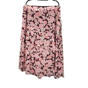 Eloquii Womens Burgundy Pink Floral Print Ruffle Midi Skirt Size 24 NWT